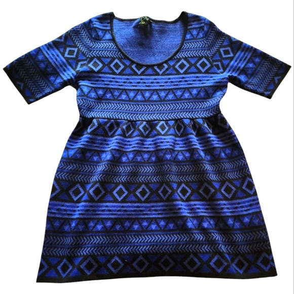 T/O Sweater Knit Dress XL Blue Black Geometric Tribal Boho Y2K Fit & Flare - Picture 2 of 12